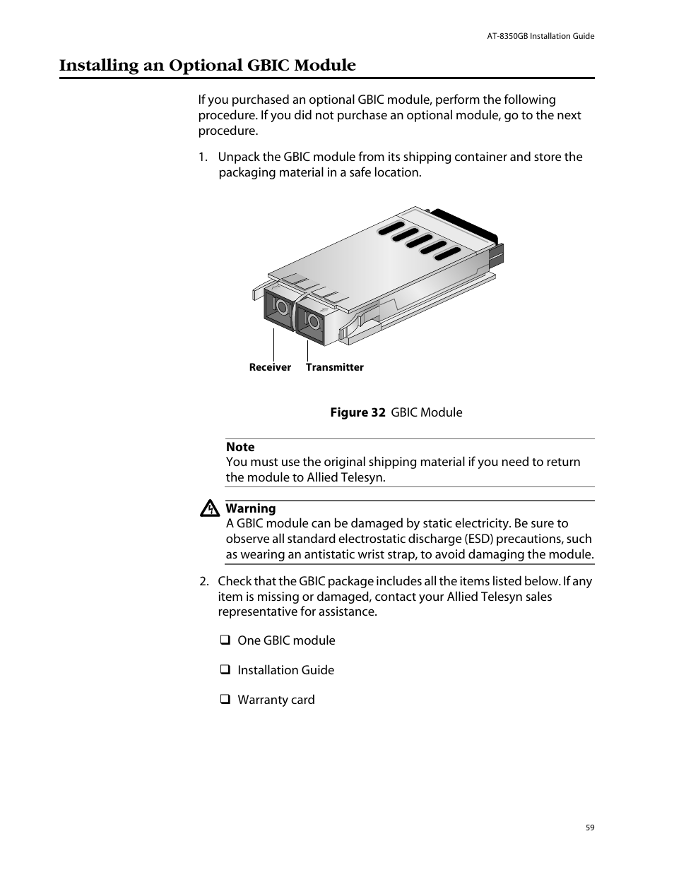 Installing an optional gbic module, Figure 32: gbic module | Allied Telesis AT-8350GB User Manual | Page 59 / 104