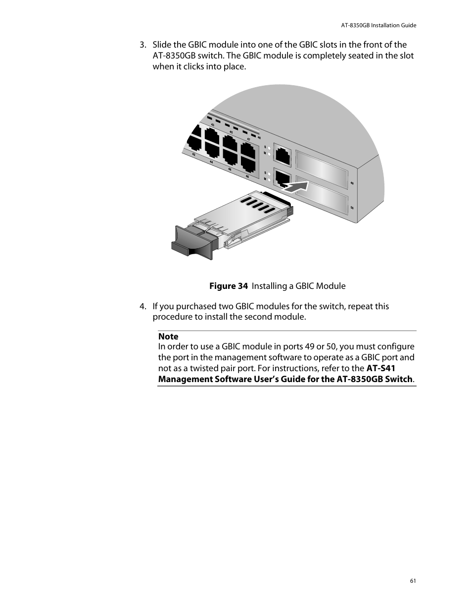 Figure 34: installing a gbic module | Allied Telesis AT-8350GB User Manual | Page 61 / 104