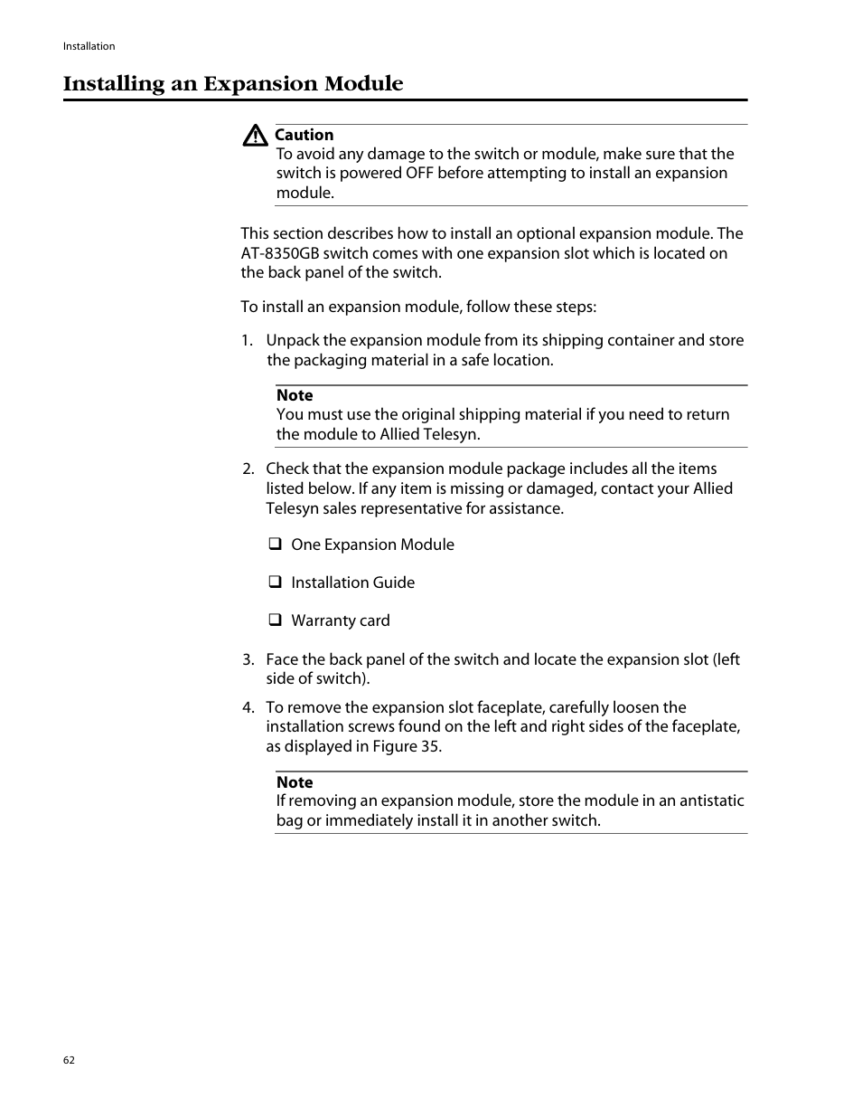 Installing an expansion module | Allied Telesis AT-8350GB User Manual | Page 62 / 104