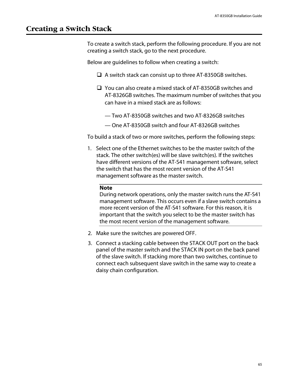 Creating a switch stack | Allied Telesis AT-8350GB User Manual | Page 65 / 104