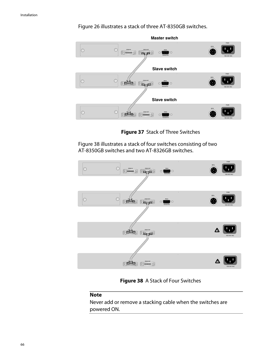 Stack of three switches, Figure 38: a stack of four switches, Master switch | Slave switch, Installation 66 | Allied Telesis AT-8350GB User Manual | Page 66 / 104