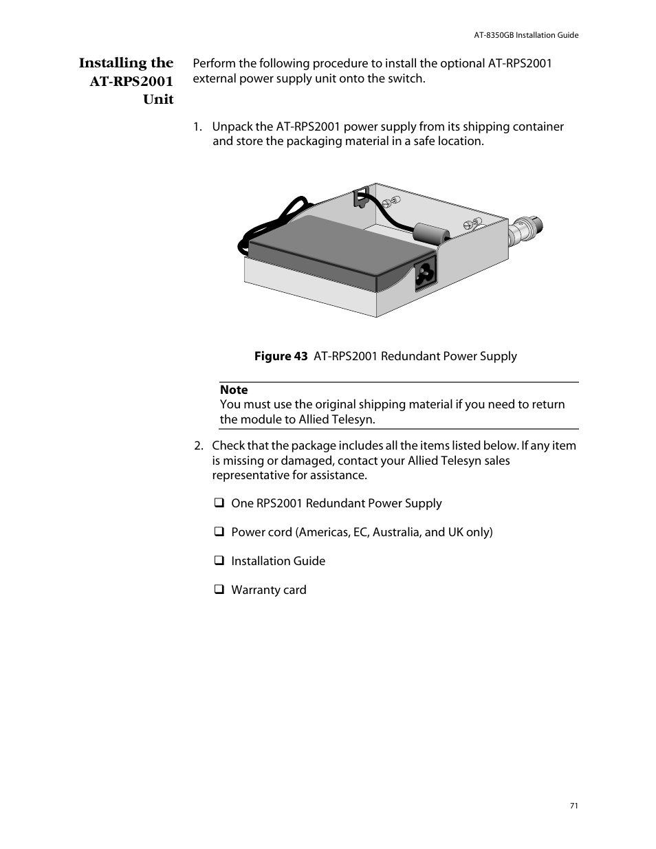 Installing the at-rps2001 unit, Figure 43: at-rps2001 redundant power supply | Allied Telesis AT-8350GB User Manual | Page 71 / 104