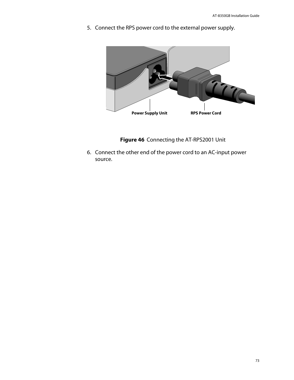 Figure 46: connecting the at-rps2001 unit | Allied Telesis AT-8350GB User Manual | Page 73 / 104