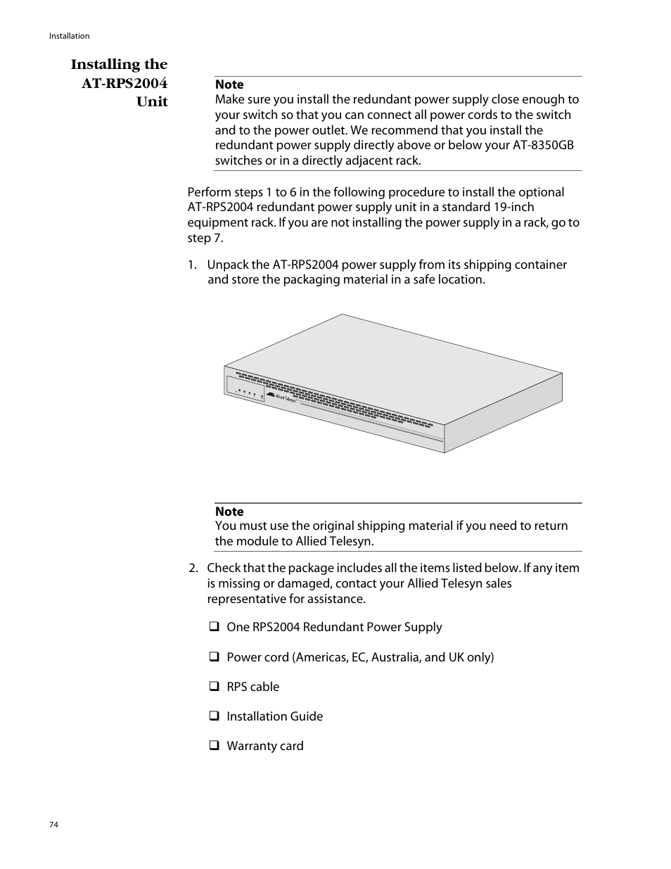 Installing the at-rps2004 unit | Allied Telesis AT-8350GB User Manual | Page 74 / 104