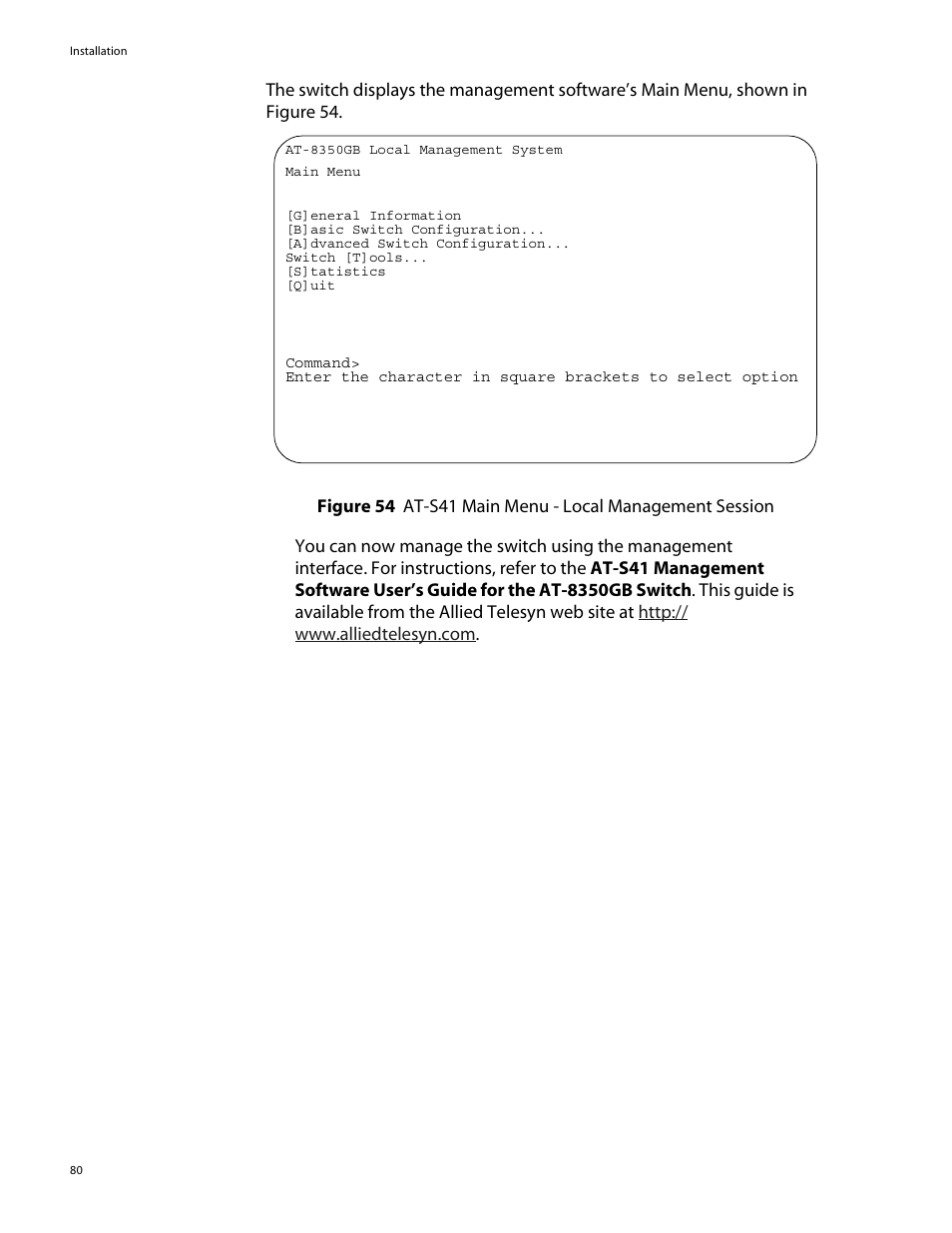 At-s41 main menu - local management session | Allied Telesis AT-8350GB User Manual | Page 80 / 104