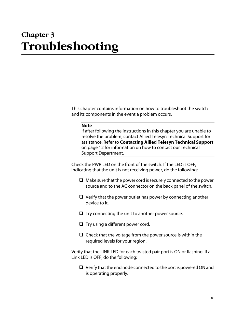 Chapter 3, Troubleshooting | Allied Telesis AT-8350GB User Manual | Page 83 / 104