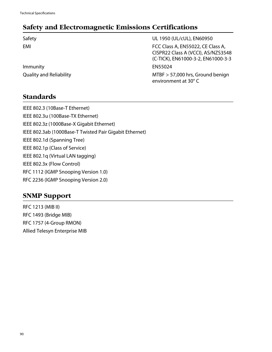 Standards, Snmp support | Allied Telesis AT-8350GB User Manual | Page 90 / 104