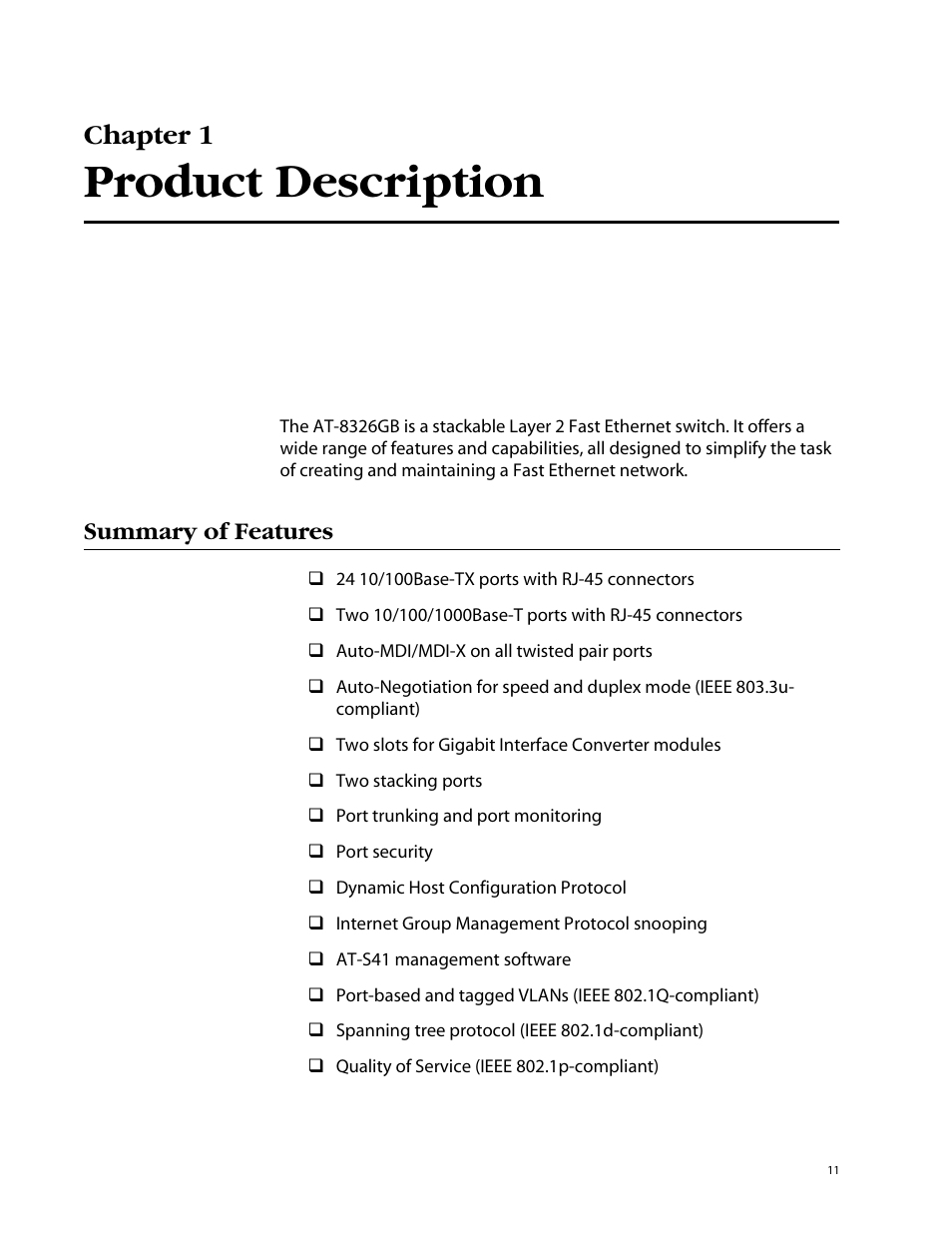 Chapter 1, Product description, Summary of features | Allied Telesis AT-8326GB User Manual | Page 11 / 82