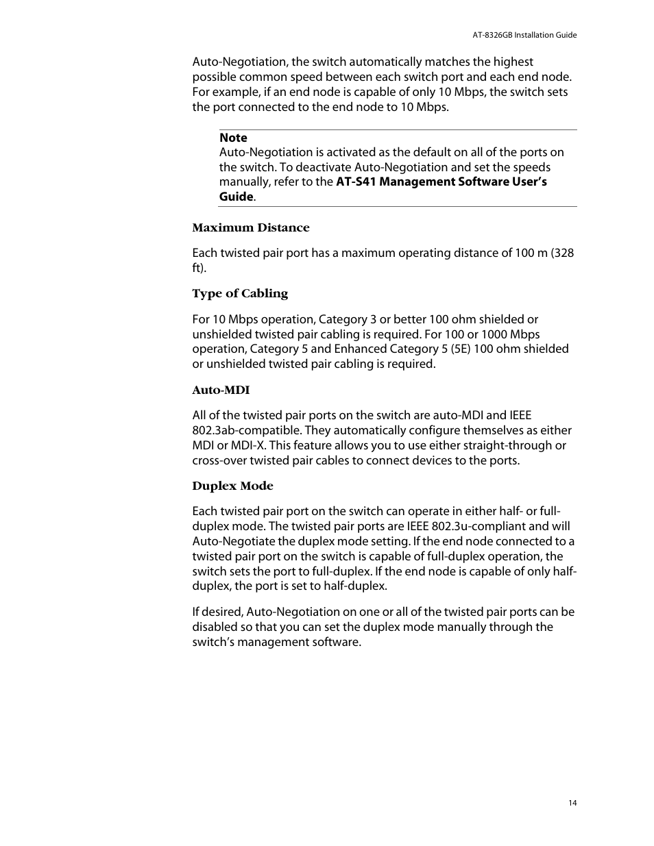 Maximum distance, Type of cabling, Auto-mdi | Duplex mode | Allied Telesis AT-8326GB User Manual | Page 14 / 82