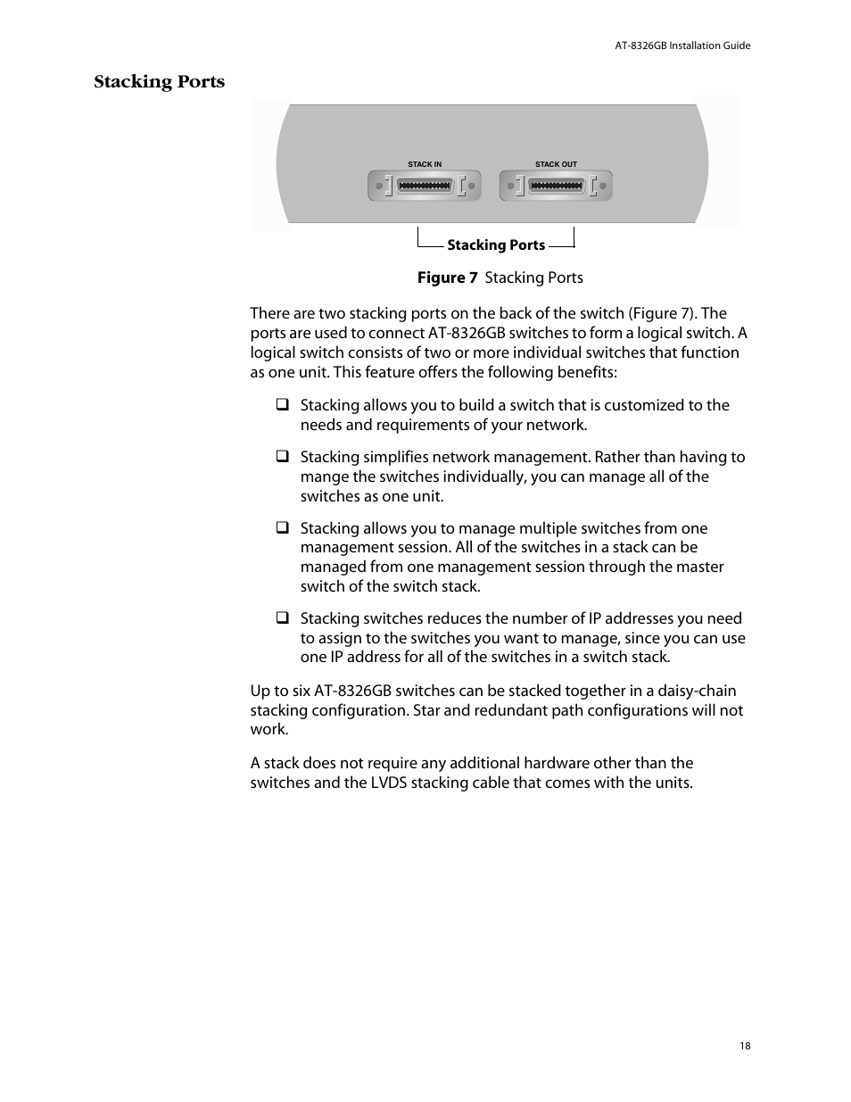 Stacking ports | Allied Telesis AT-8326GB User Manual | Page 18 / 82
