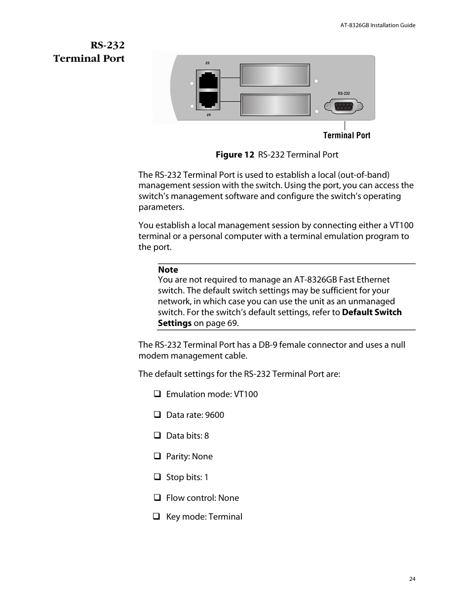 Rs-232 terminal port | Allied Telesis AT-8326GB User Manual | Page 24 / 82