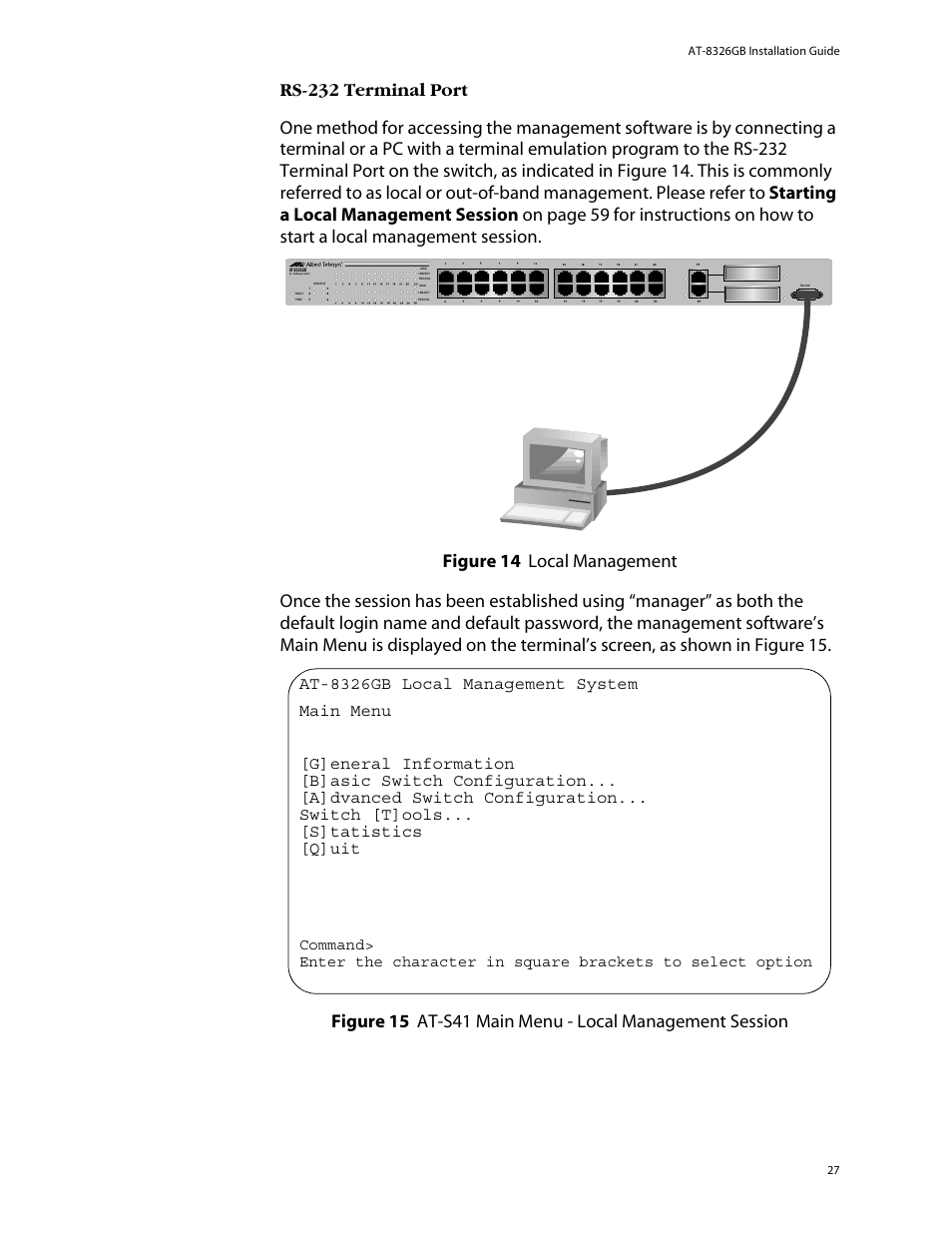 Rs-232 terminal port | Allied Telesis AT-8326GB User Manual | Page 27 / 82