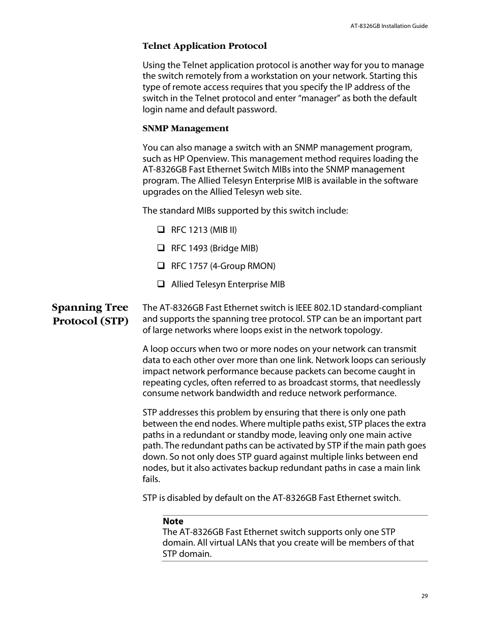 Telnet application protocol, Snmp management, Spanning tree protocol (stp) | Allied Telesis AT-8326GB User Manual | Page 29 / 82