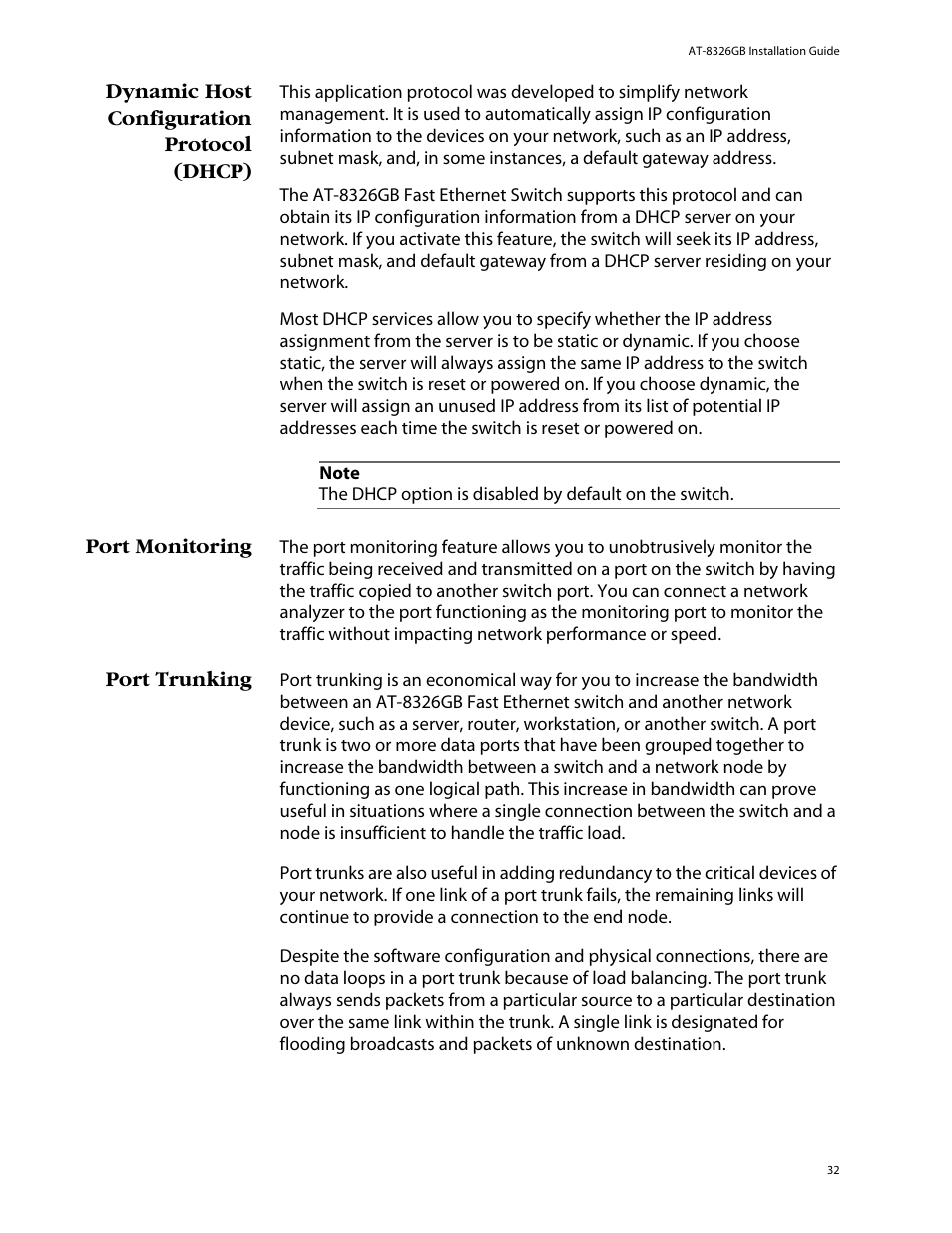 Dynamic host configuration protocol (dhcp), Port monitoring, Port trunking | Allied Telesis AT-8326GB User Manual | Page 32 / 82