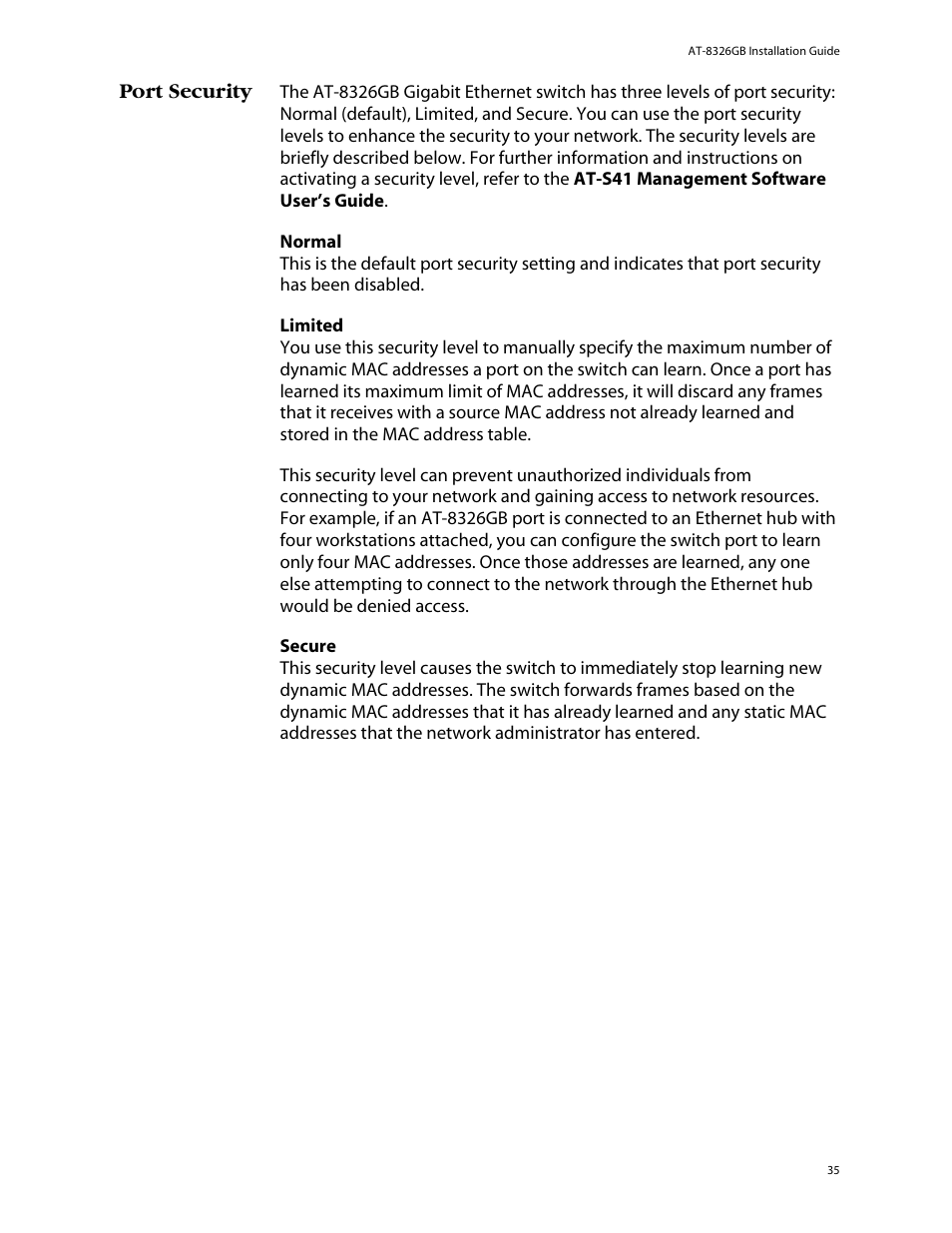 Port security | Allied Telesis AT-8326GB User Manual | Page 35 / 82