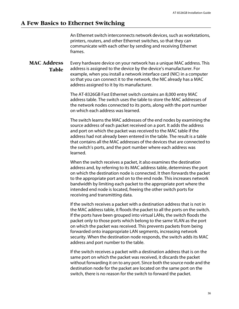 A few basics to ethernet switching, Mac address table | Allied Telesis AT-8326GB User Manual | Page 36 / 82