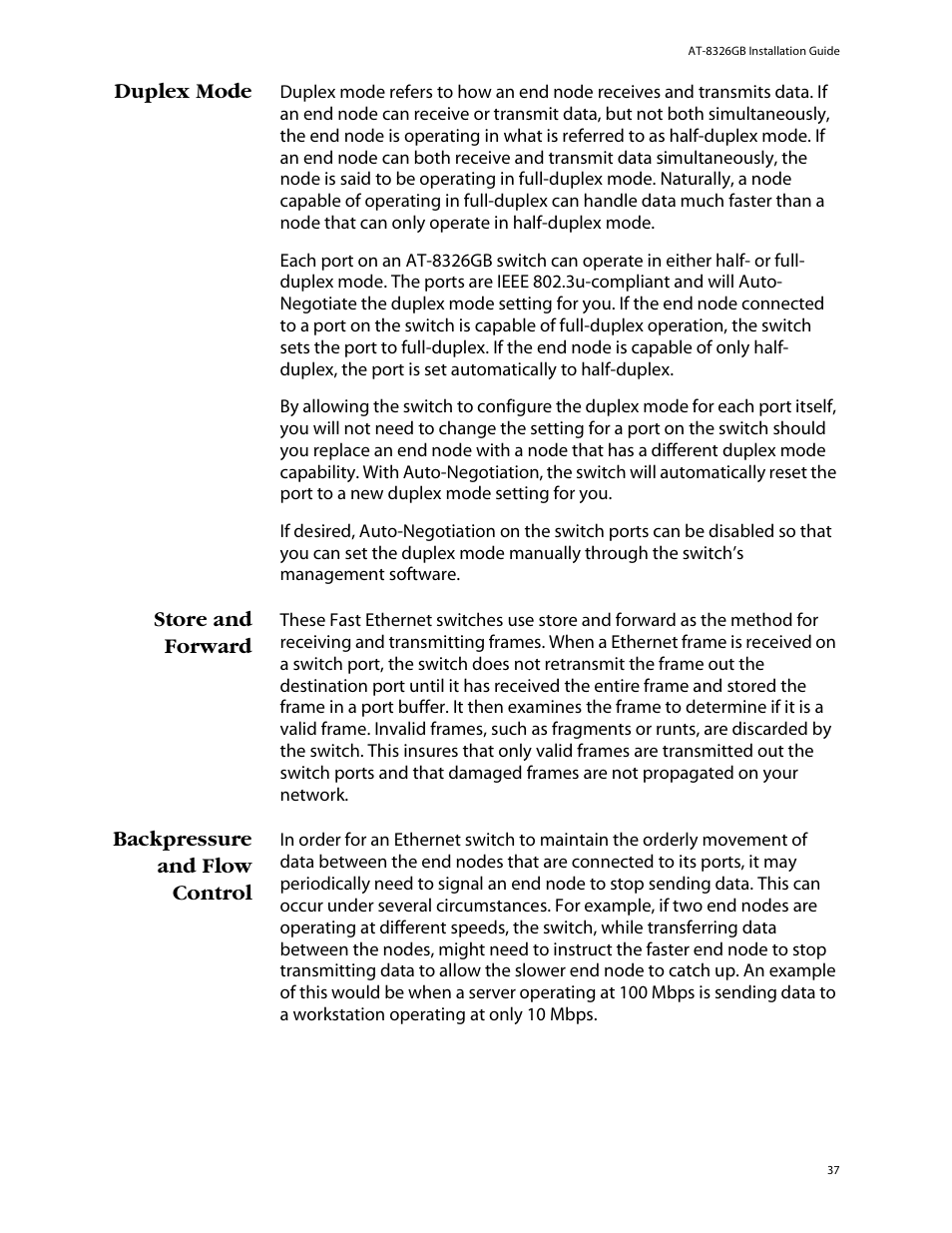 Duplex mode, Store and forward, Backpressure and flow control | Duplex mode store and forward | Allied Telesis AT-8326GB User Manual | Page 37 / 82
