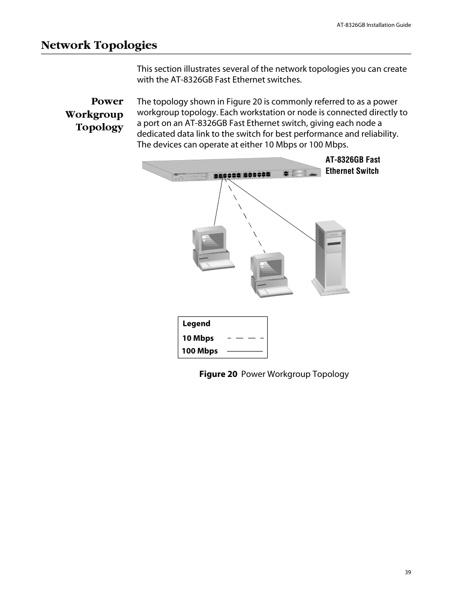 Network topologies, Power workgroup topology | Allied Telesis AT-8326GB User Manual | Page 39 / 82