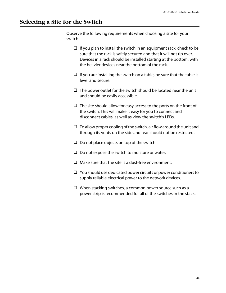 Selecting a site for the switch | Allied Telesis AT-8326GB User Manual | Page 44 / 82