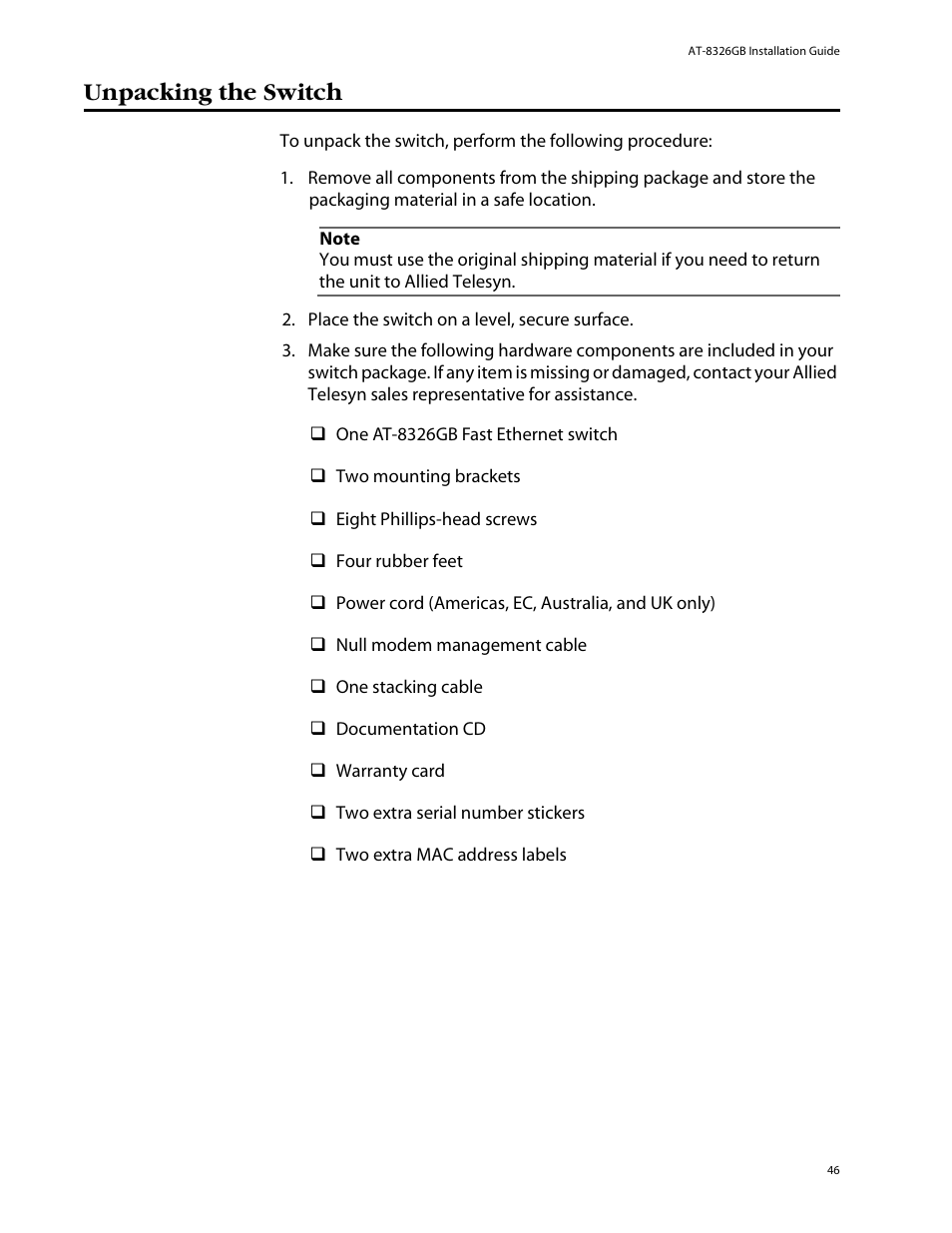 Unpacking the switch | Allied Telesis AT-8326GB User Manual | Page 46 / 82