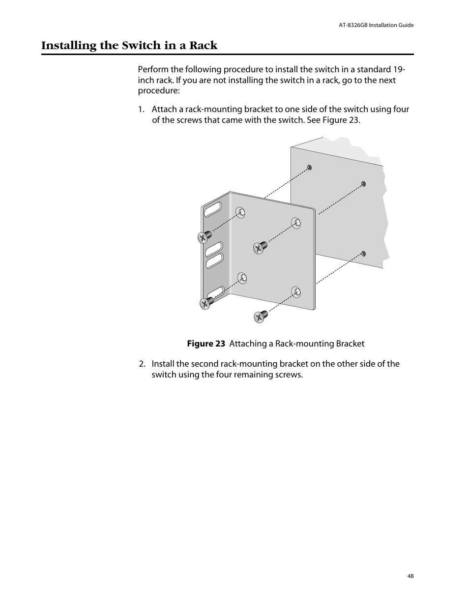 Installing the switch in a rack | Allied Telesis AT-8326GB User Manual | Page 48 / 82