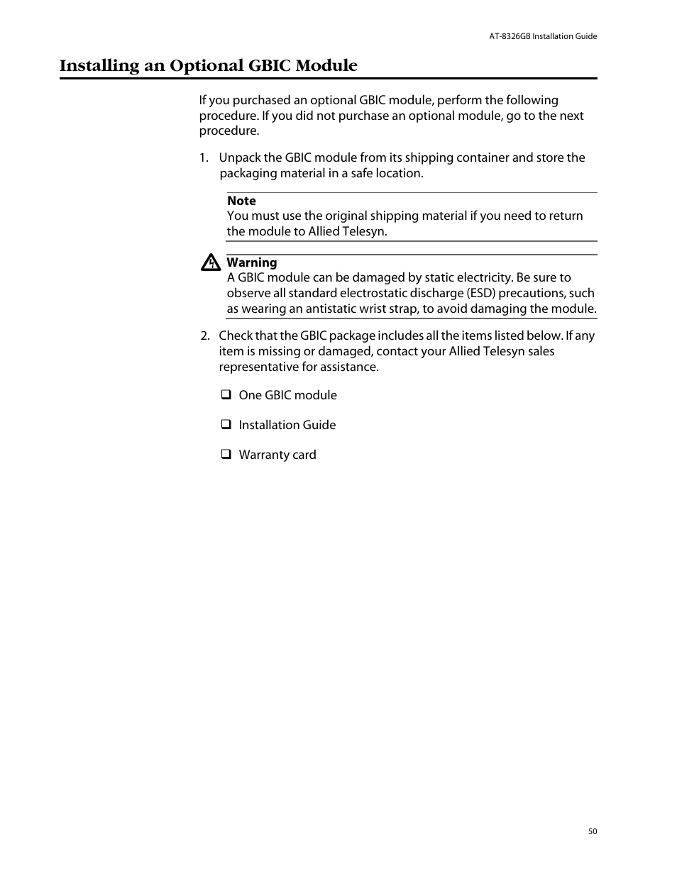Installing an optional gbic module | Allied Telesis AT-8326GB User Manual | Page 50 / 82