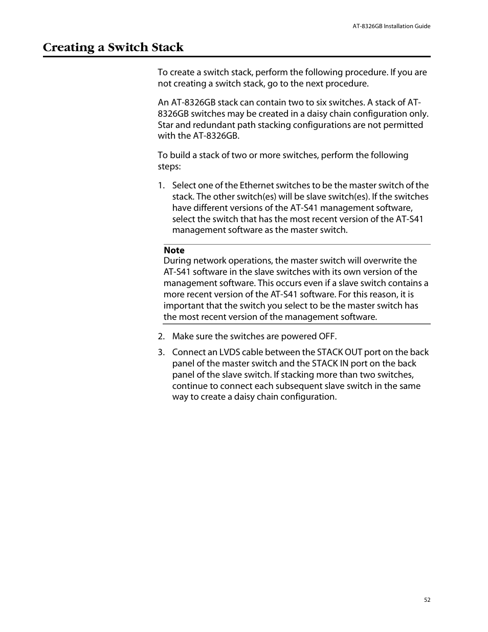Creating a switch stack | Allied Telesis AT-8326GB User Manual | Page 52 / 82