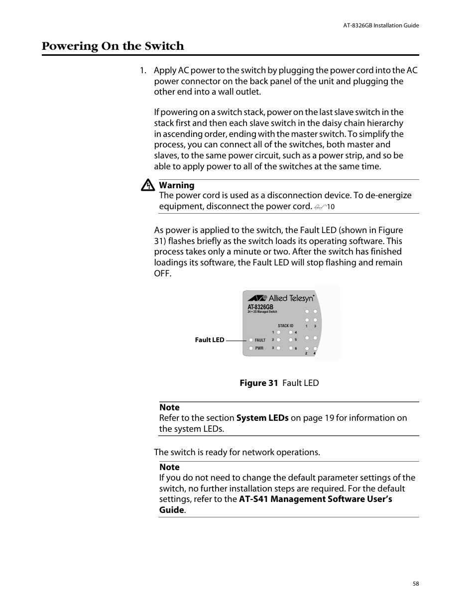 Powering on the switch | Allied Telesis AT-8326GB User Manual | Page 58 / 82