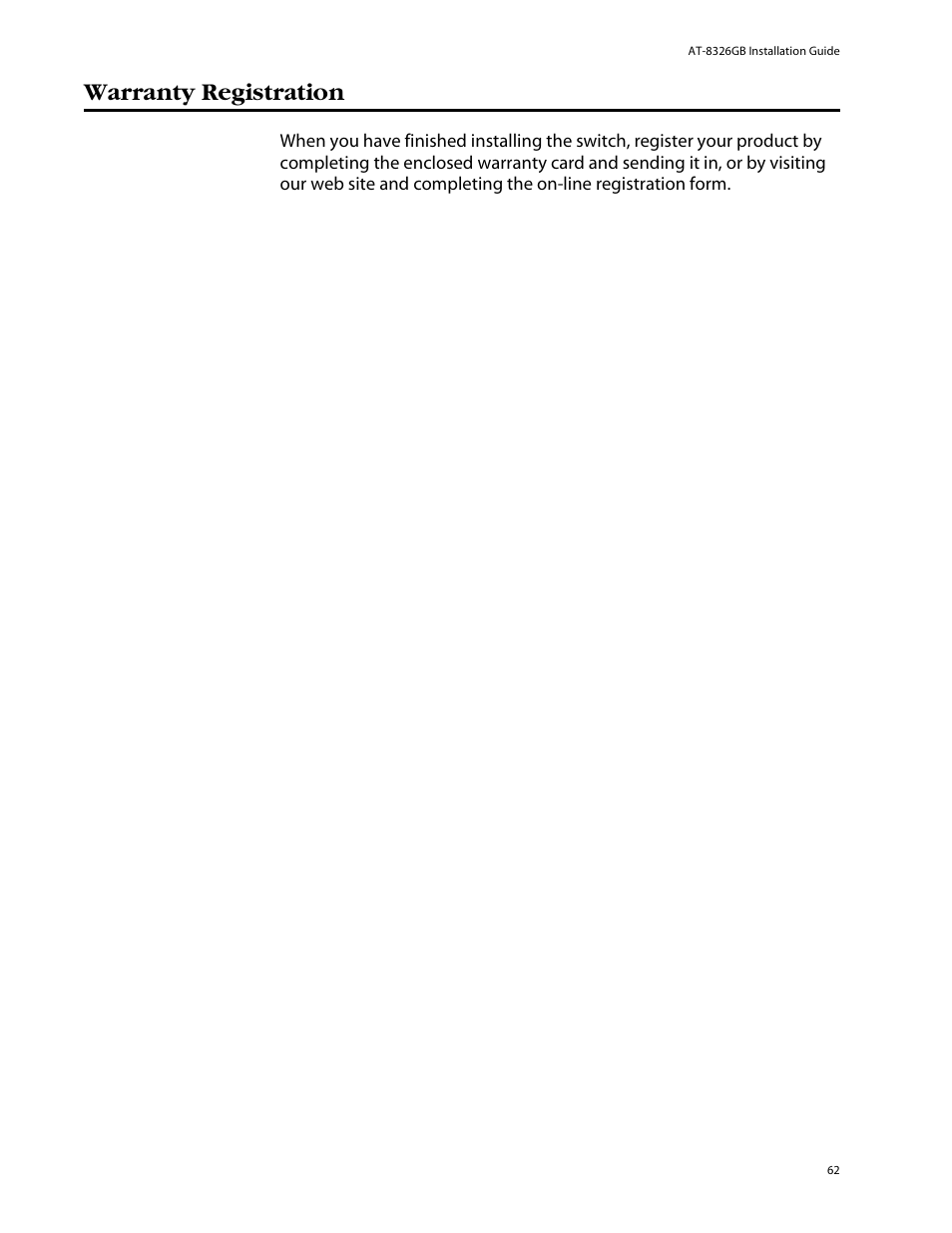 Warranty registration | Allied Telesis AT-8326GB User Manual | Page 62 / 82