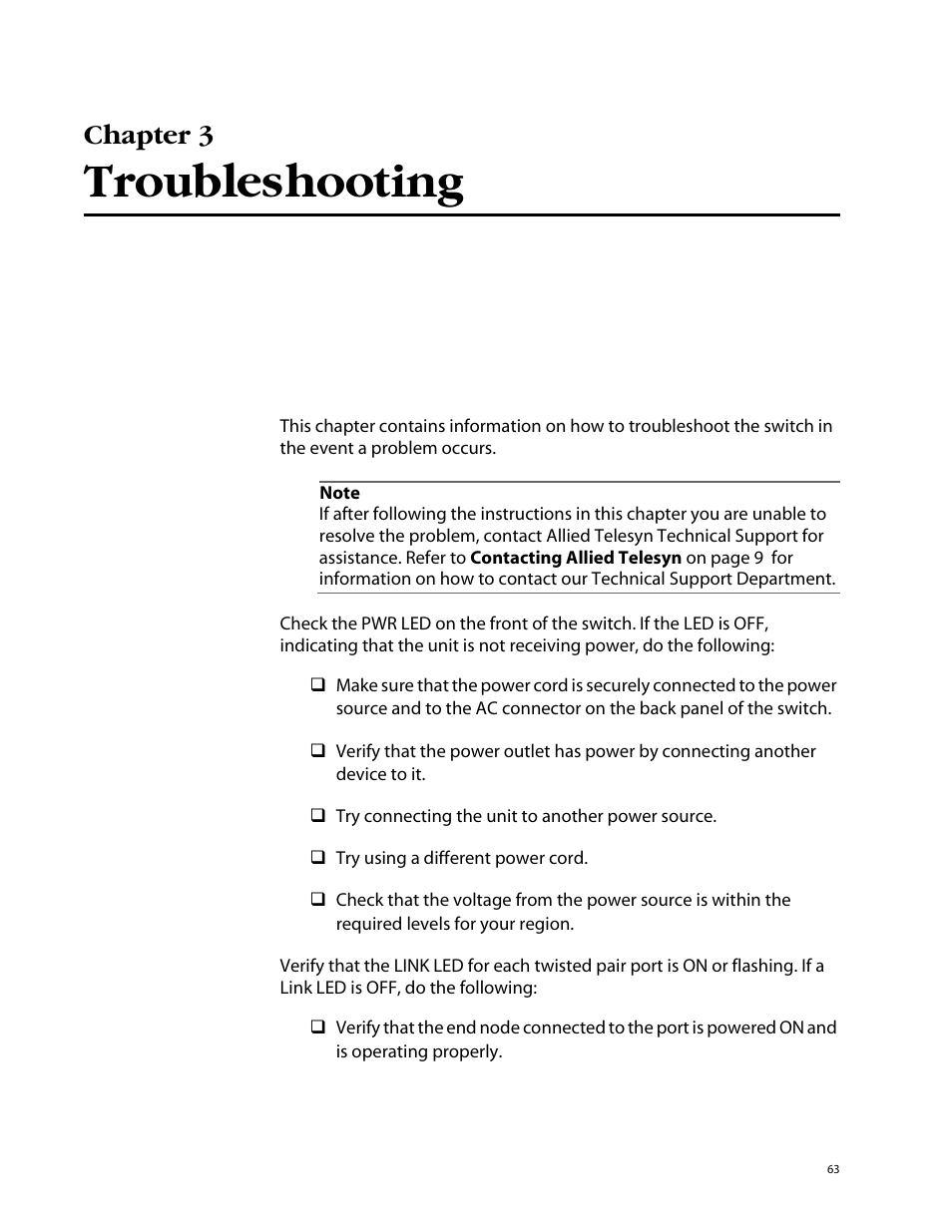 Chapter 3, Troubleshooting | Allied Telesis AT-8326GB User Manual | Page 63 / 82