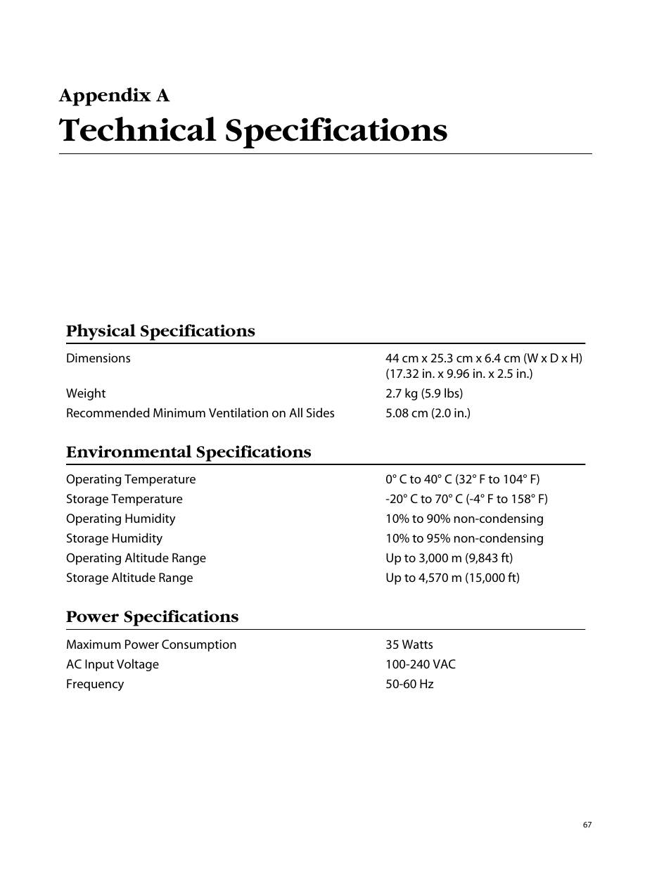 Appendix a, Technical specifications, Physical specifications | Environmental specifications, Power specifications | Allied Telesis AT-8326GB User Manual | Page 67 / 82