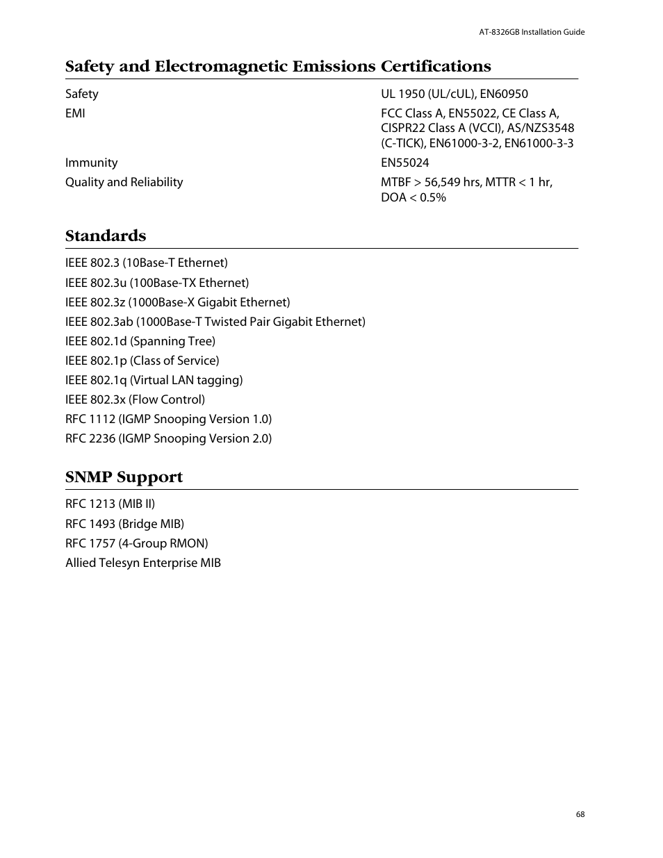 Standards, Snmp support | Allied Telesis AT-8326GB User Manual | Page 68 / 82