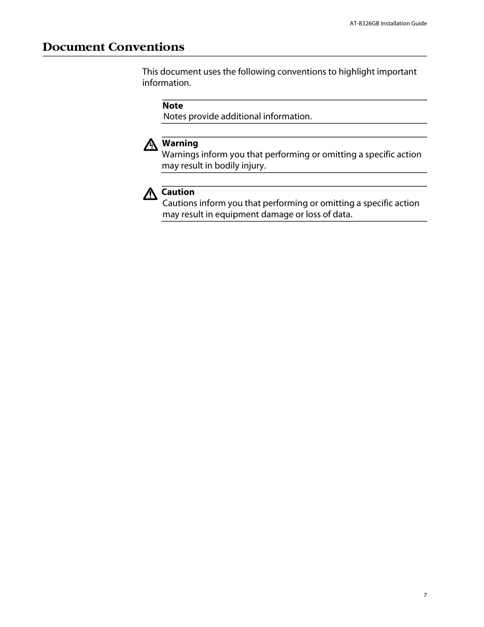 Document conventions | Allied Telesis AT-8326GB User Manual | Page 7 / 82
