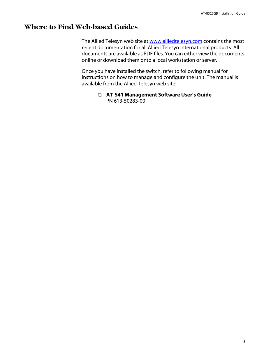 Where to find web-based guides | Allied Telesis AT-8326GB User Manual | Page 8 / 82