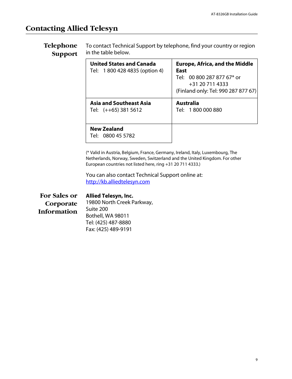 Contacting allied telesyn, Telephone support, For sales or corporate information | Allied Telesis AT-8326GB User Manual | Page 9 / 82
