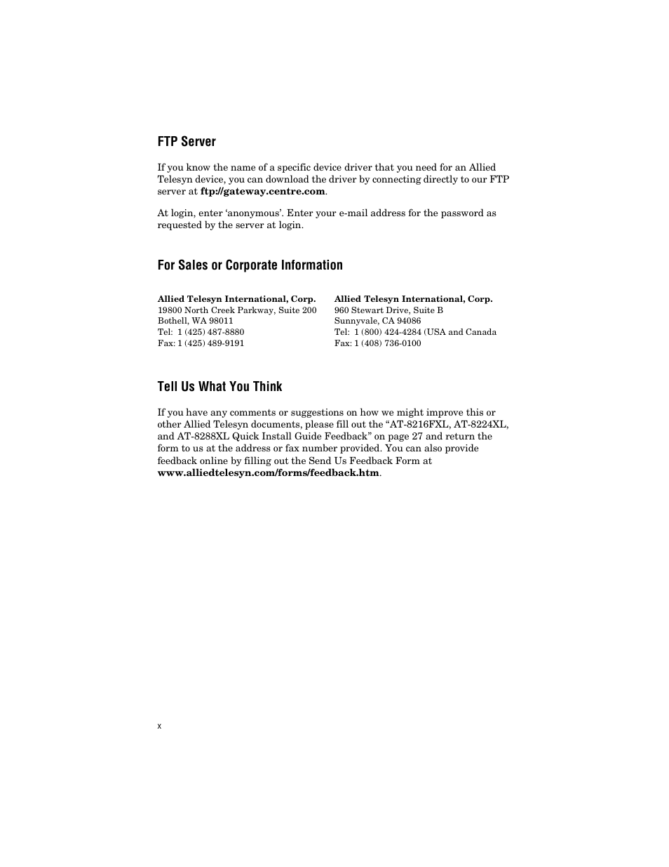 Ftp server, For sales or corporate information, Tell us what you think | Allied Telesis AT-8288XL/SC User Manual | Page 10 / 38