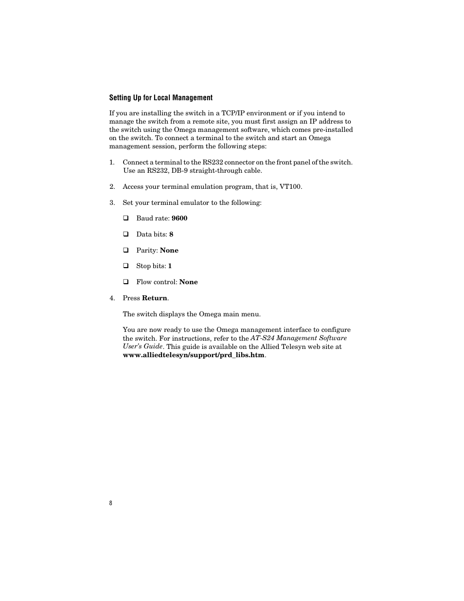 Setting up for local management | Allied Telesis AT-8288XL/SC User Manual | Page 18 / 38