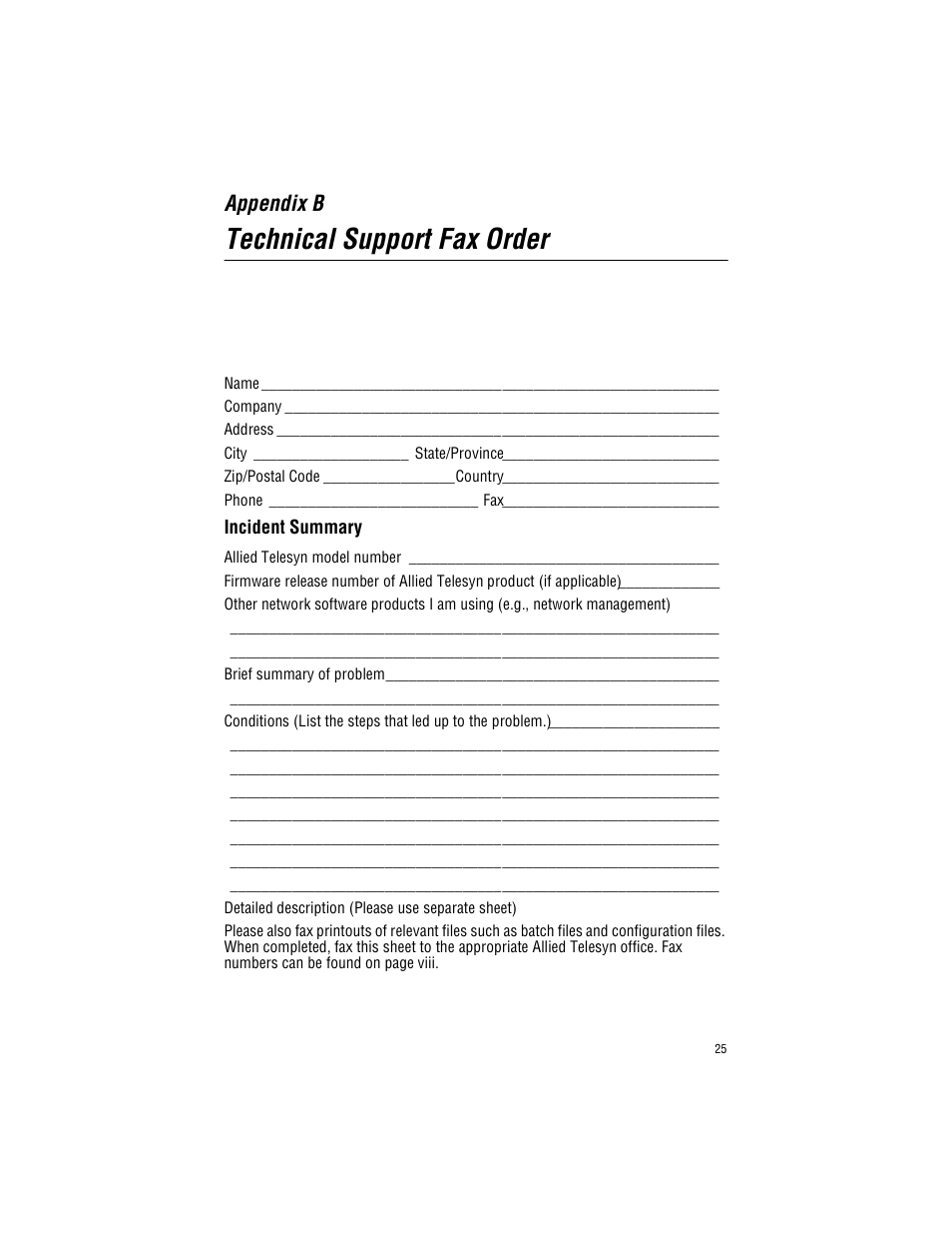 Appendix b, Technical support fax order, Incident summary | Allied Telesis AT-8288XL/SC User Manual | Page 35 / 38