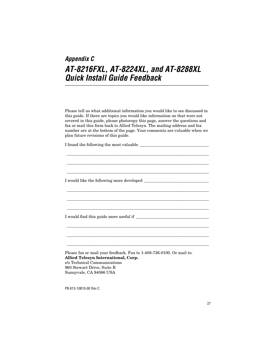 Appendix c | Allied Telesis AT-8288XL/SC User Manual | Page 37 / 38