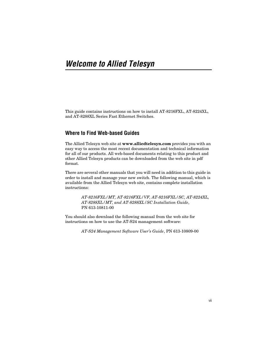 Welcome to allied telesyn, Where to find web-based guides | Allied Telesis AT-8288XL/SC User Manual | Page 7 / 38