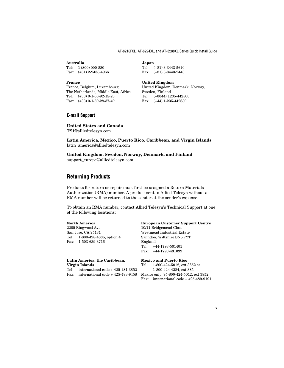 E-mail support, Returning products | Allied Telesis AT-8288XL/SC User Manual | Page 9 / 38