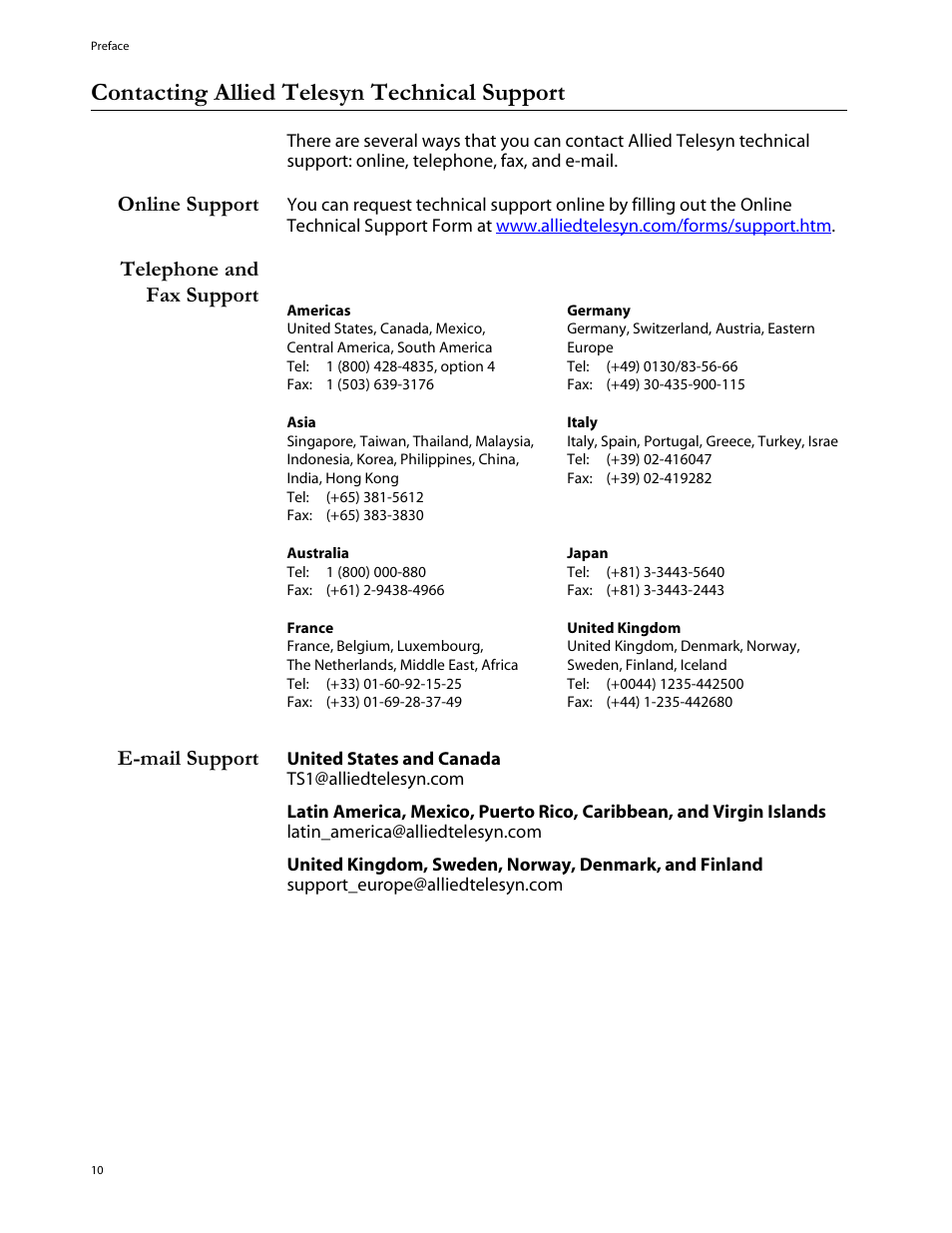 Contacting allied telesyn technical support, Online support, Telephone and fax support | E-mail support, Contacting allied telesyn technical suppor, Telephone and fax suppor, Telephone and fax support e-mail support | Allied Telesis AT-8288XL/SC User Manual | Page 10 / 80