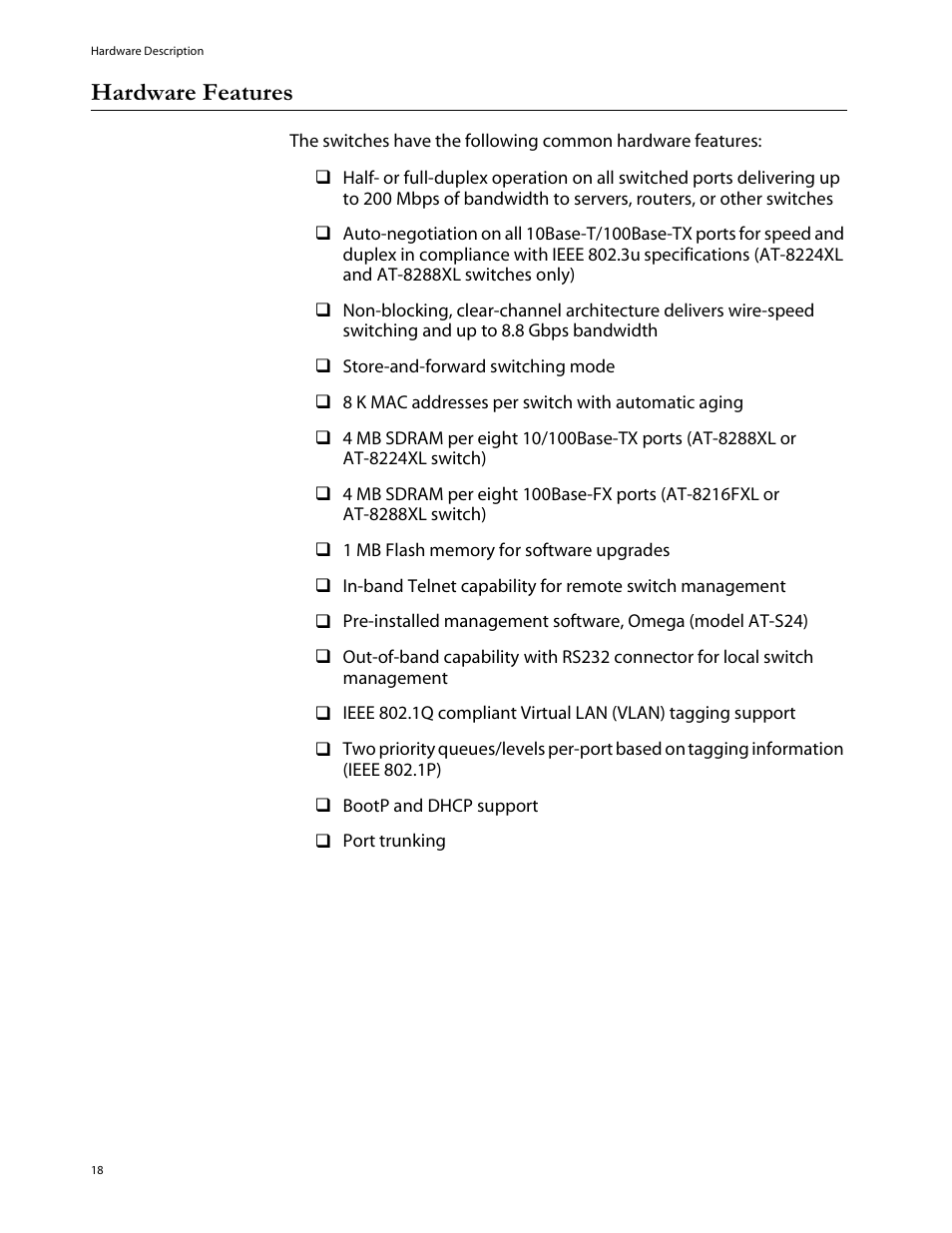 Hardware features | Allied Telesis AT-8288XL/SC User Manual | Page 18 / 80