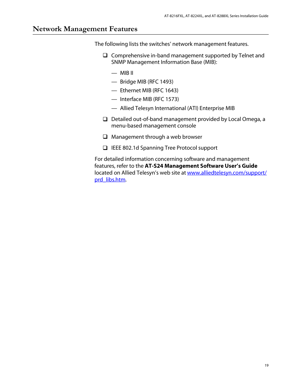 Network management features | Allied Telesis AT-8288XL/SC User Manual | Page 19 / 80