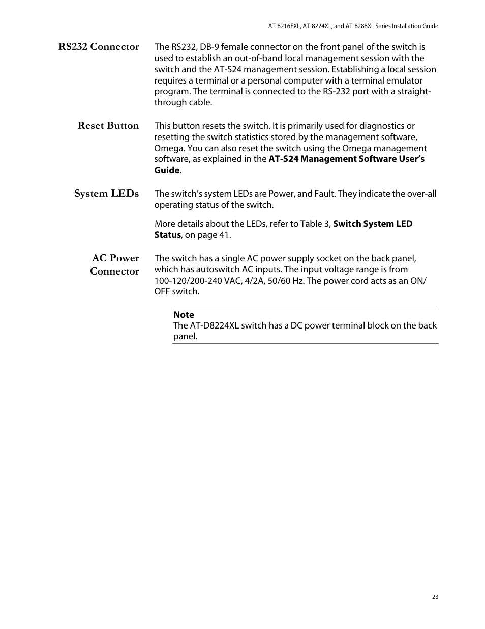 Rs232 connector, Reset button, System leds | Ac power connector | Allied Telesis AT-8288XL/SC User Manual | Page 23 / 80