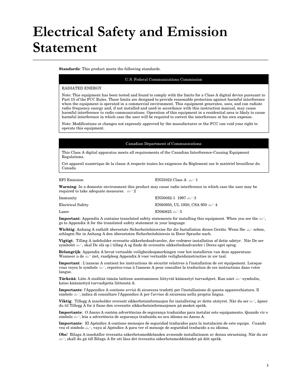 Electrical safety and emission statement | Allied Telesis AT-8288XL/SC User Manual | Page 3 / 80