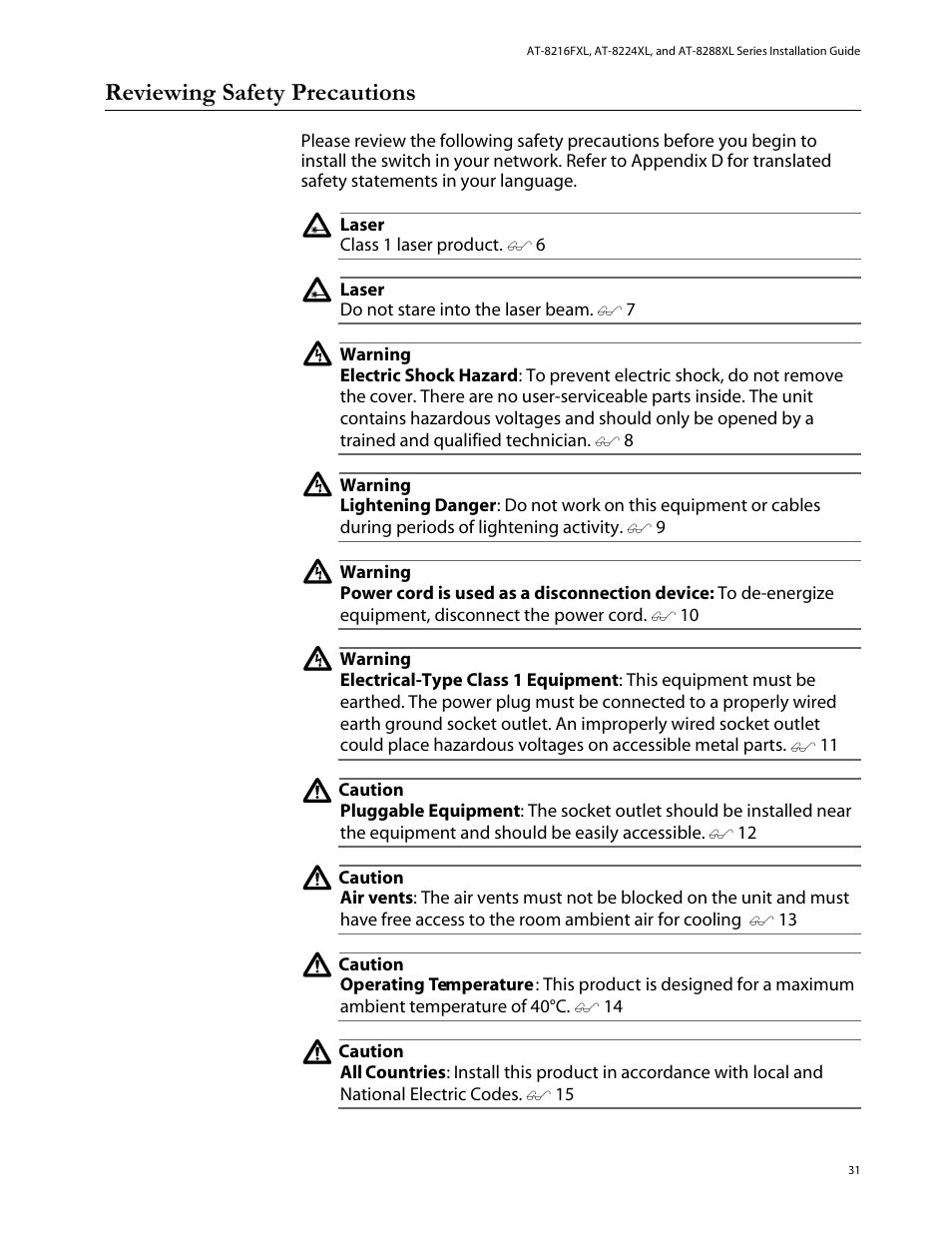 Reviewing safety precautions | Allied Telesis AT-8288XL/SC User Manual | Page 31 / 80