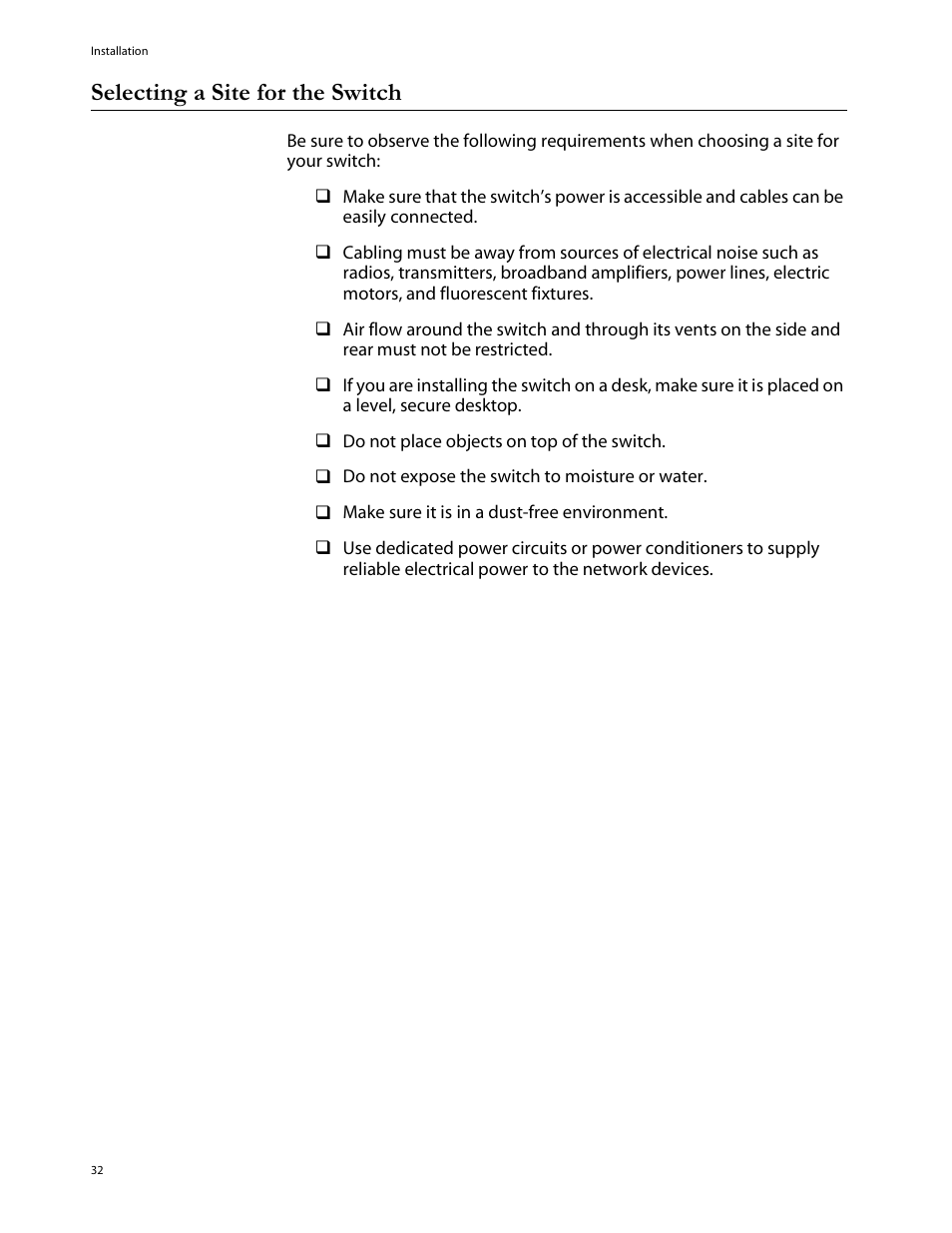 Selecting a site for the switch | Allied Telesis AT-8288XL/SC User Manual | Page 32 / 80