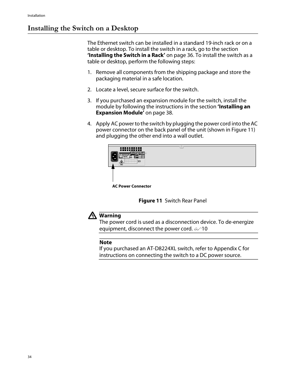 Installing the switch on a desktop | Allied Telesis AT-8288XL/SC User Manual | Page 34 / 80