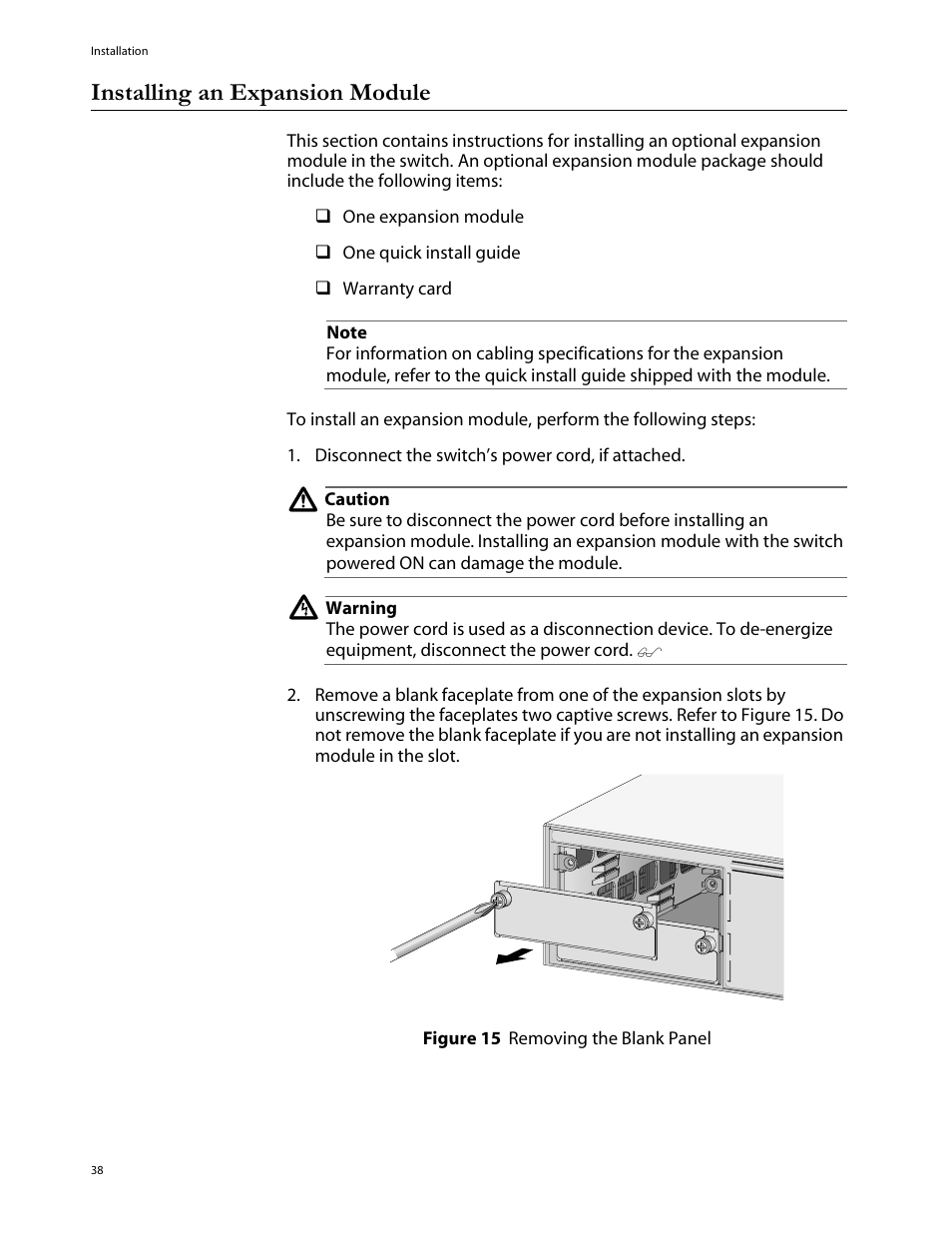 Installing an expansion module | Allied Telesis AT-8288XL/SC User Manual | Page 38 / 80